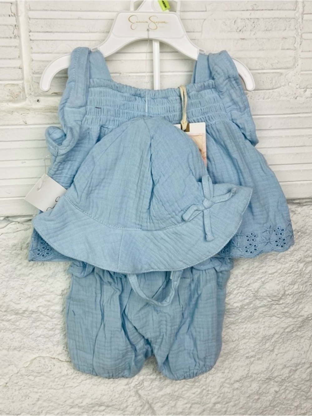 NWT Jessica Simpson Light Blue Cotton Gauze top & Bottoms Set with Matching Hat